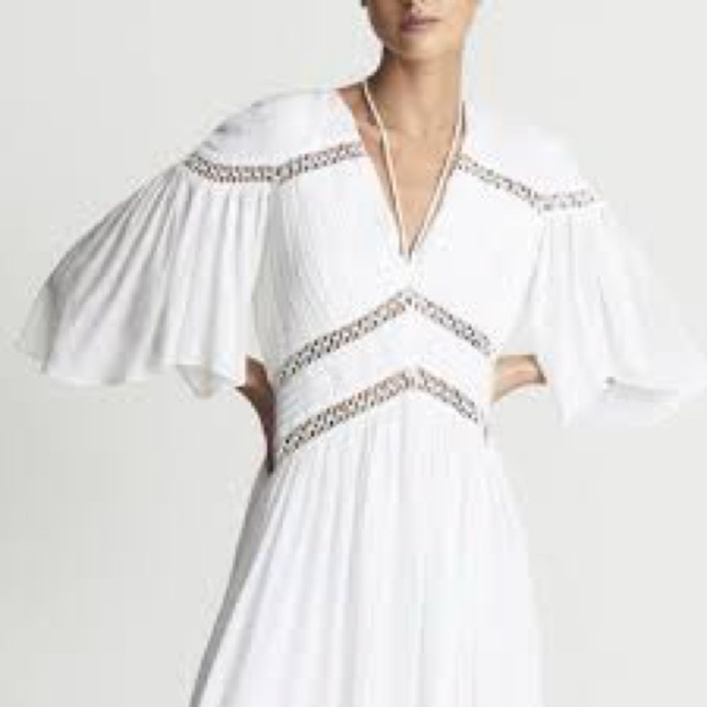 REISS, NWOT DELPHINE MACRAME MIDI DRESS IN WHITE